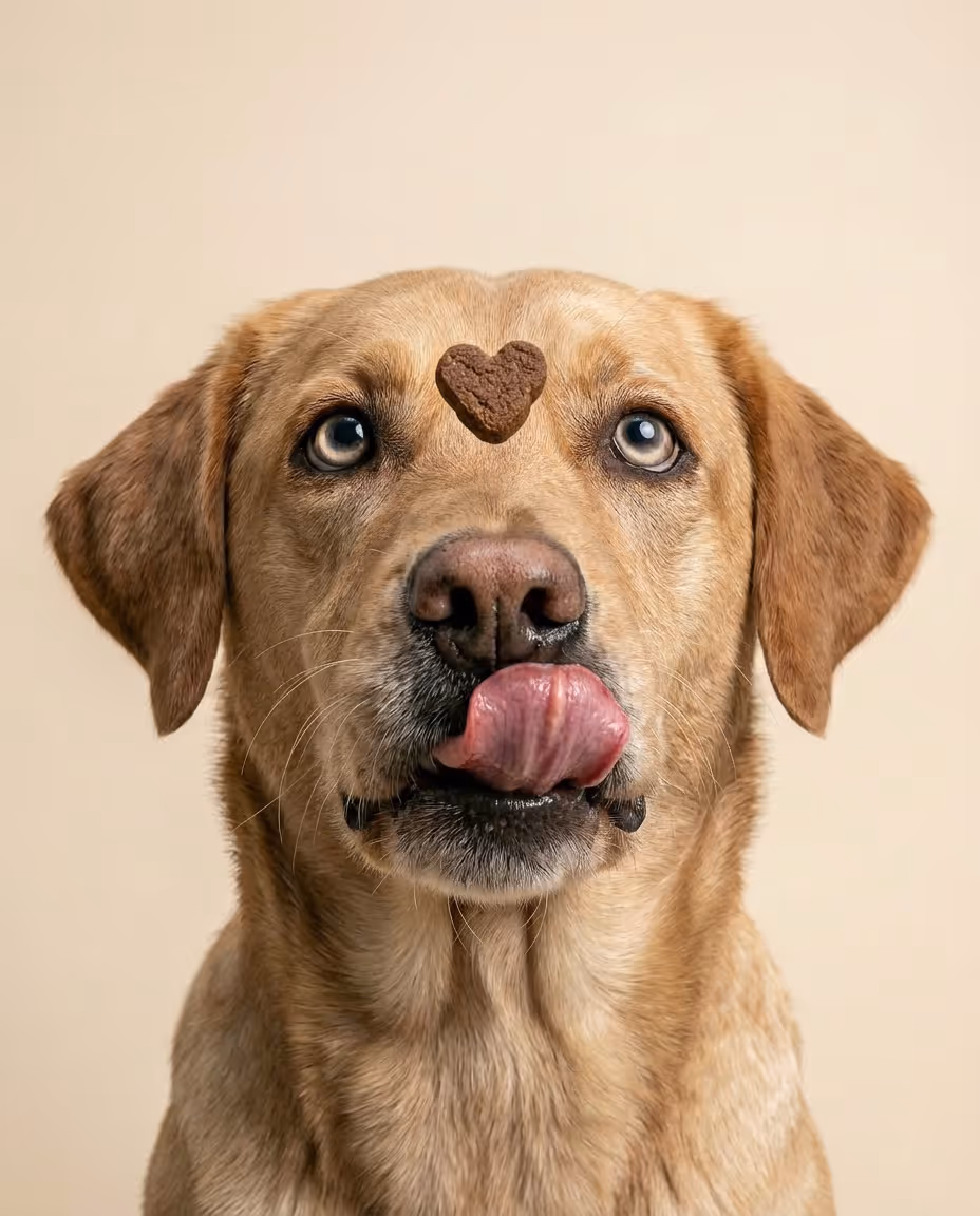 A Campaign we created for Mampfi of a Golden Labrador retriever with blue eyes balancing a heart-shaped dog treat on its forehead while licking its nose.