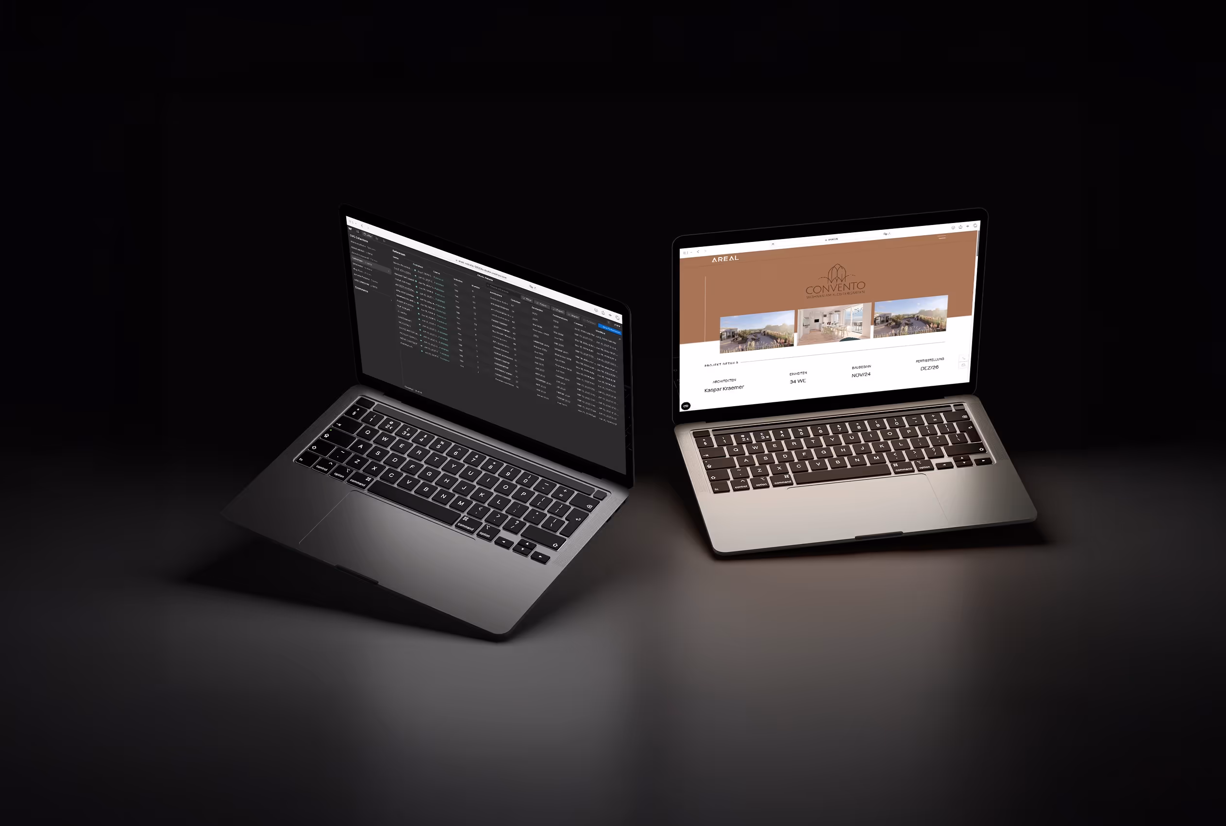 Two open laptops floating against a dark background, one showing a dark-themed interface and the other displaying a website with architectural project details.