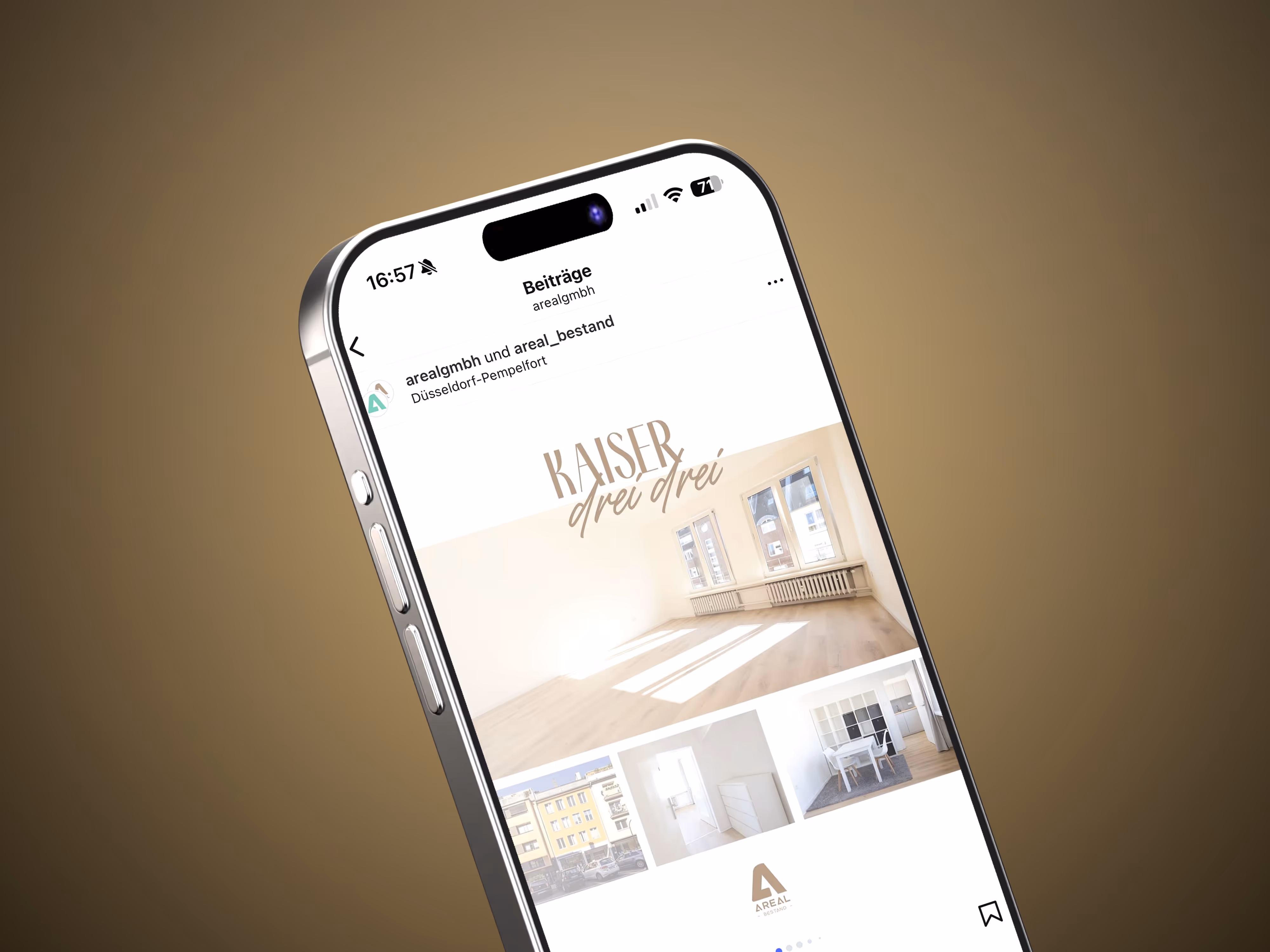 Smartphone screen showing an Instagram post by arealgmbh featuring bright apartment photos titled 'Kaiser drei drei'.