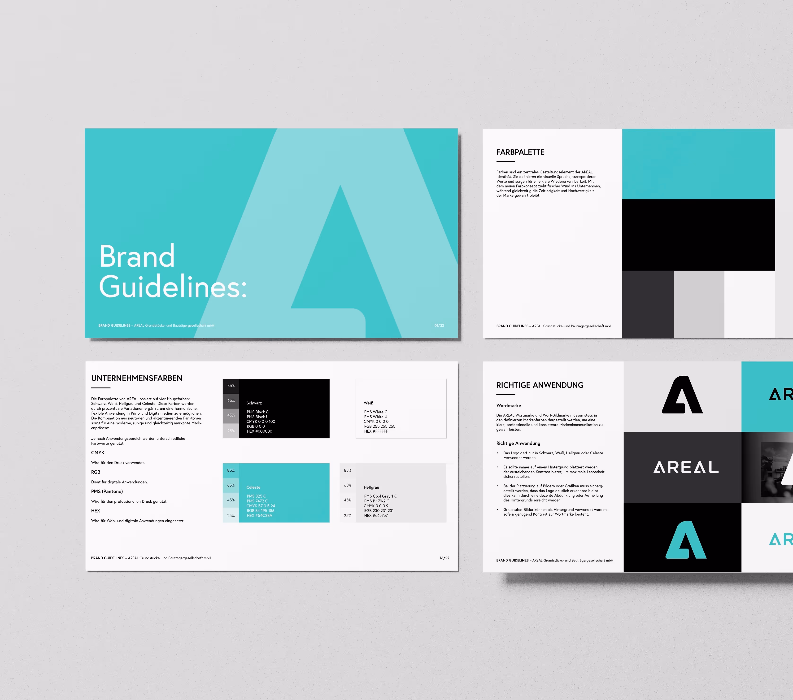 Four pages of brand guidelines including a turquoise cover with 'Brand Guidelines' text, color palette details with black, white, gray, and turquoise shades, and logo usage instructions.