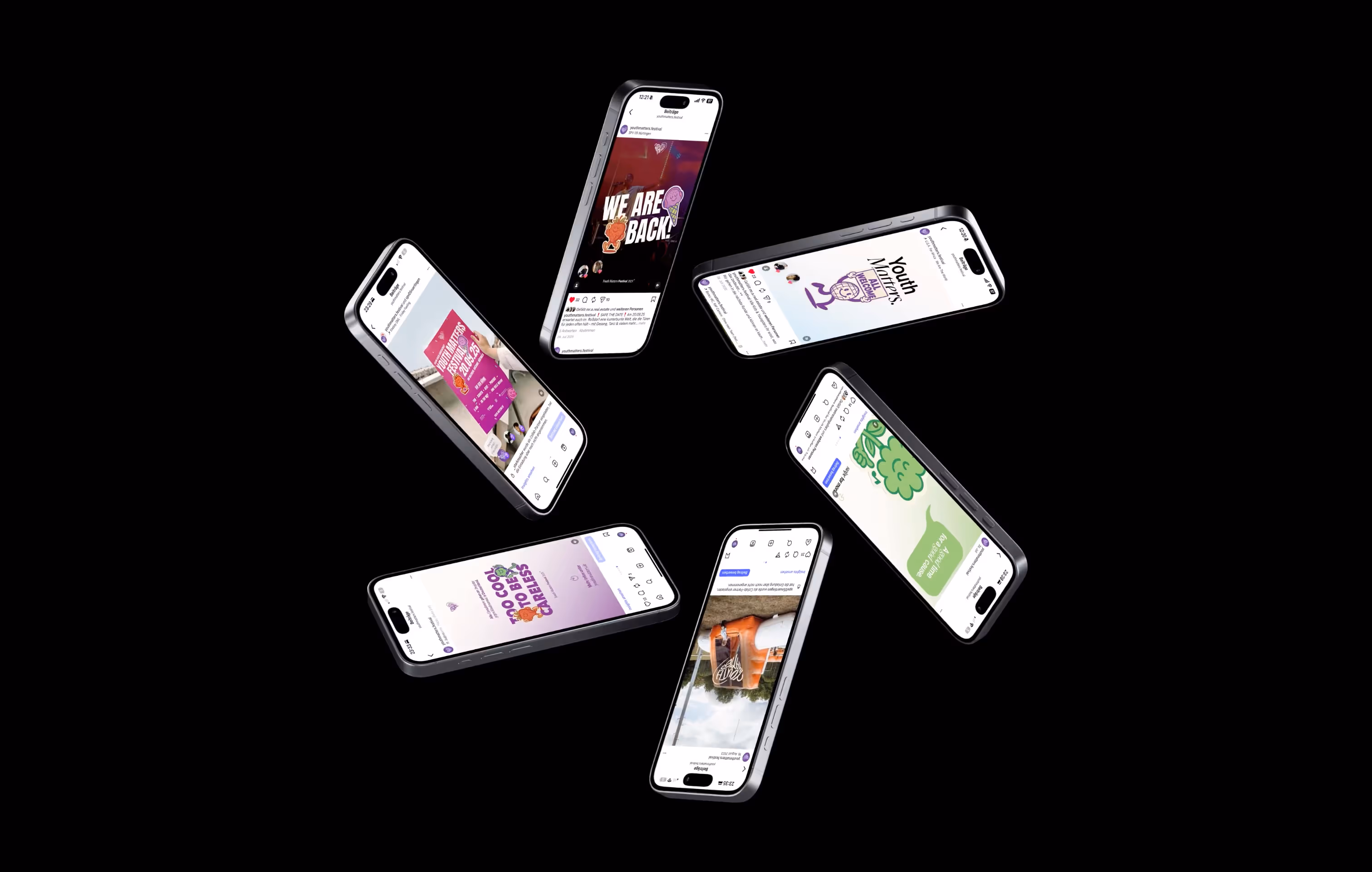 Six smartphones displaying social media posts arranged in a circular pattern on a black background.