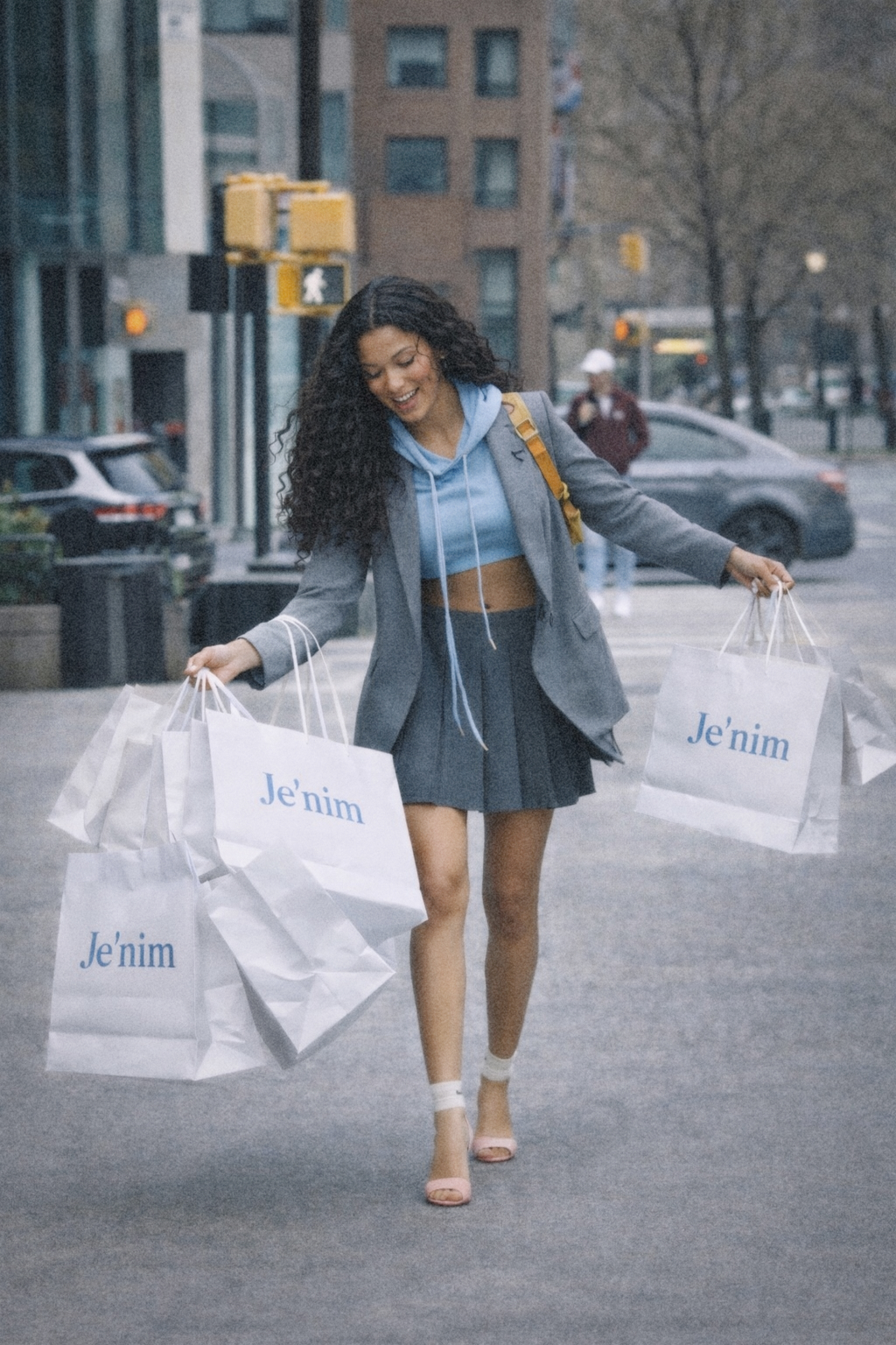 Mujer sonriente con varias bolsas de compra de Je'nim en la calle, representando la experiencia de compra.