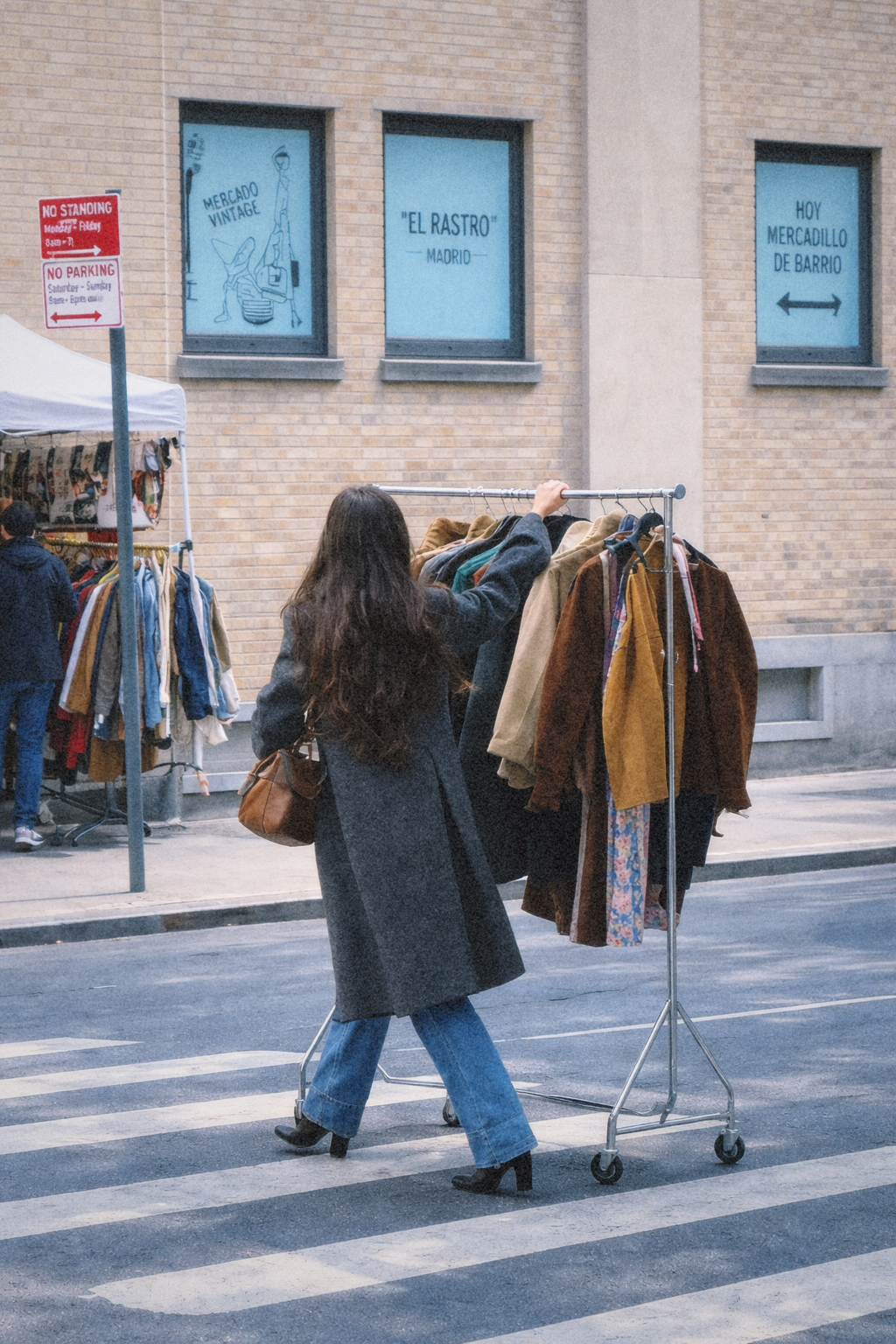 Mujer caminando con un perchero lleno de ropa en la calle, simbolizando la preparación de prendas para el mercadillo.