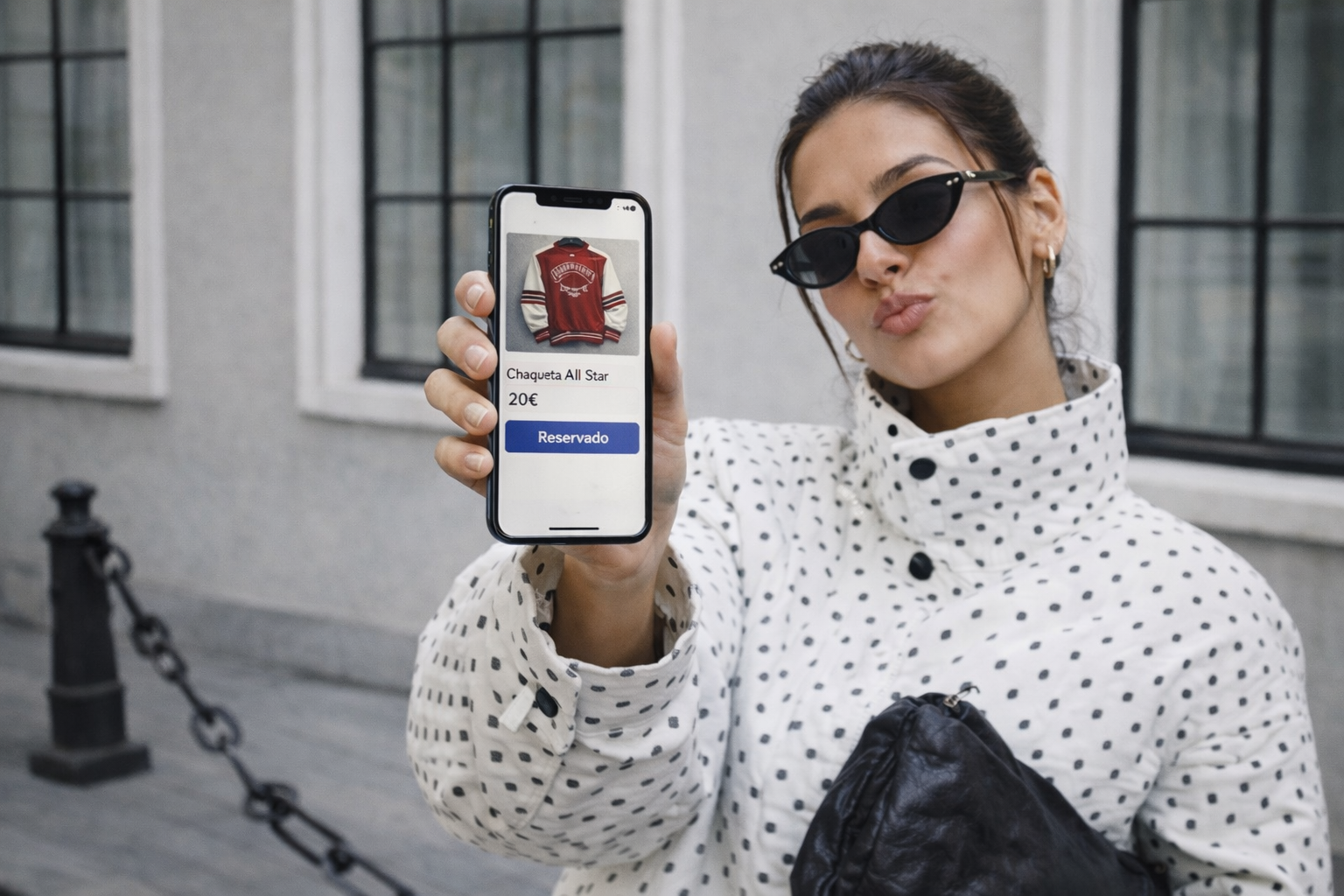 Persona mostrando su móvil mientras reserva sus artículos favoritos en Je'nim