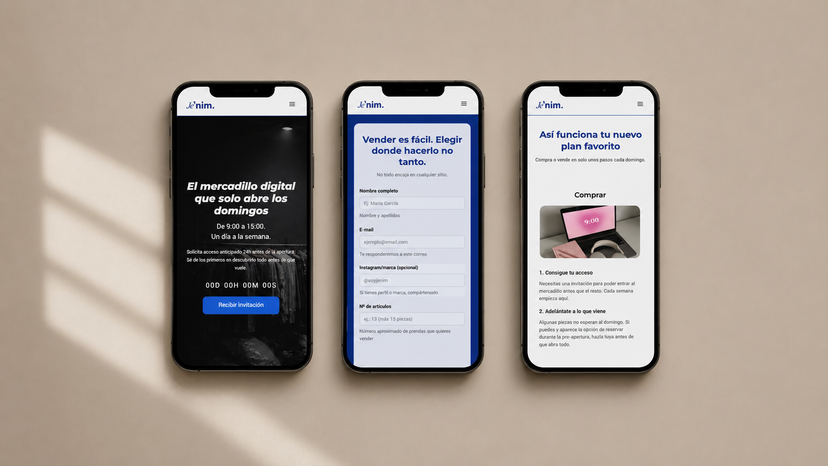 Tres móviles mostrando la experiencia de Je'nim: acceso al mercadillo digital, formulario para vender y guía de uso paso a paso.