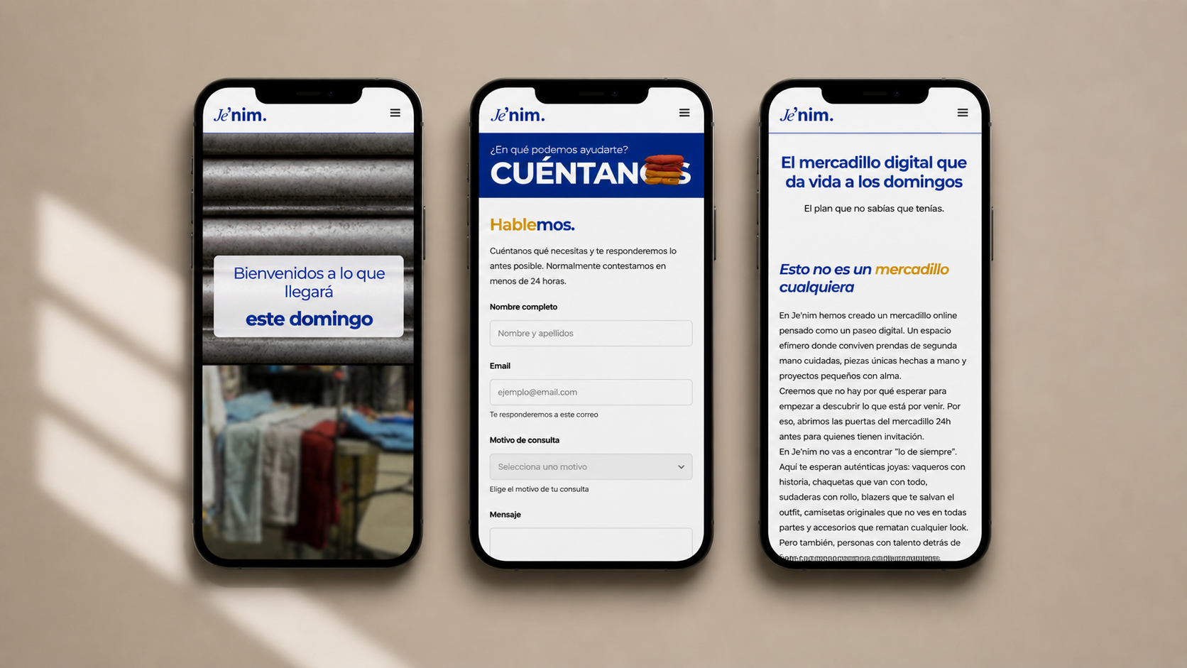 Tres móviles mostrando la experiencia de Je'nim: acceso al mercadillo digital, formulario de contacto e información de la experiencia.