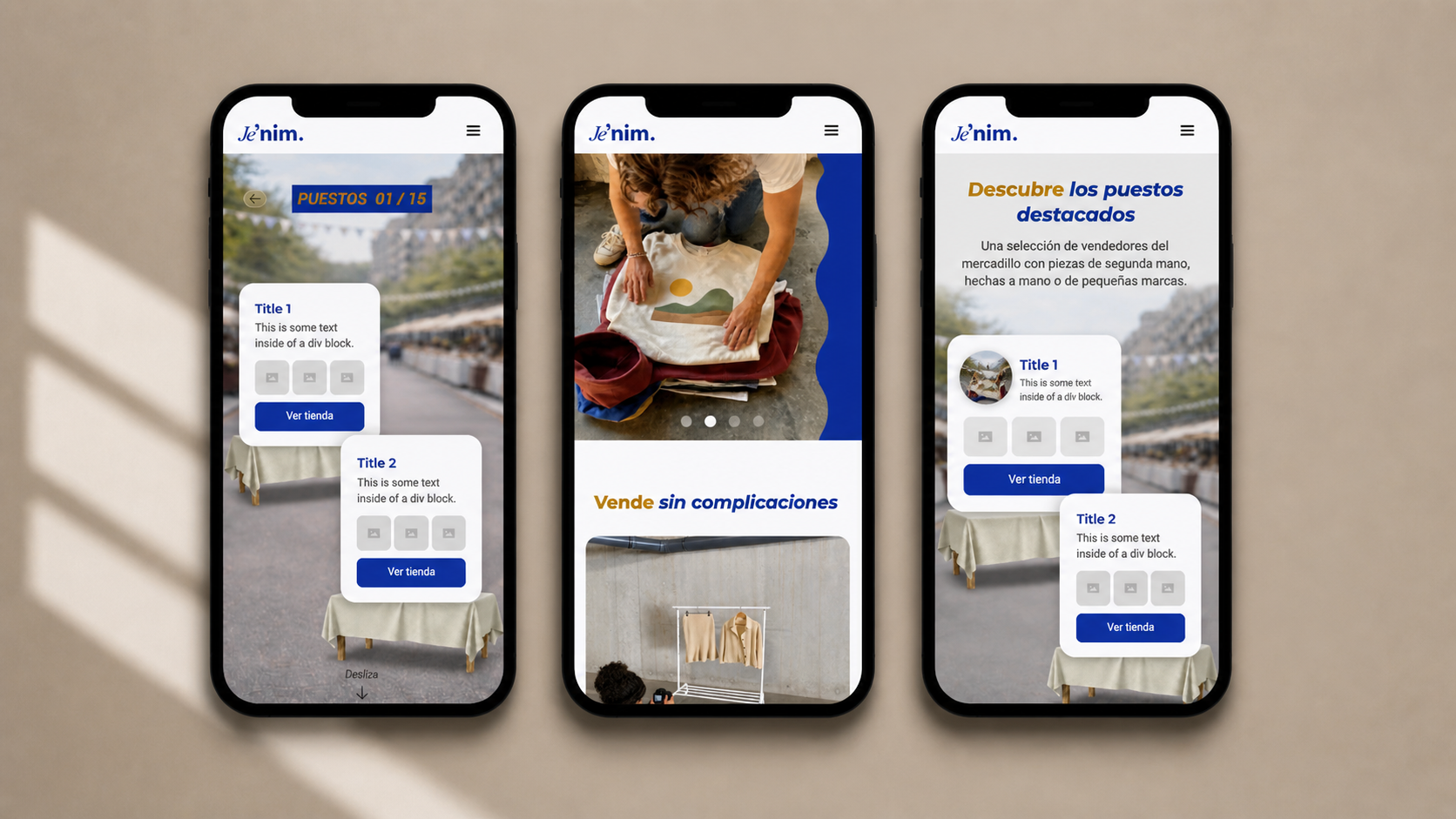 Tres móviles mostrando la experiencia de Je'nim: explorar puestos, acceso al mercadillo digital y sección de destacados.