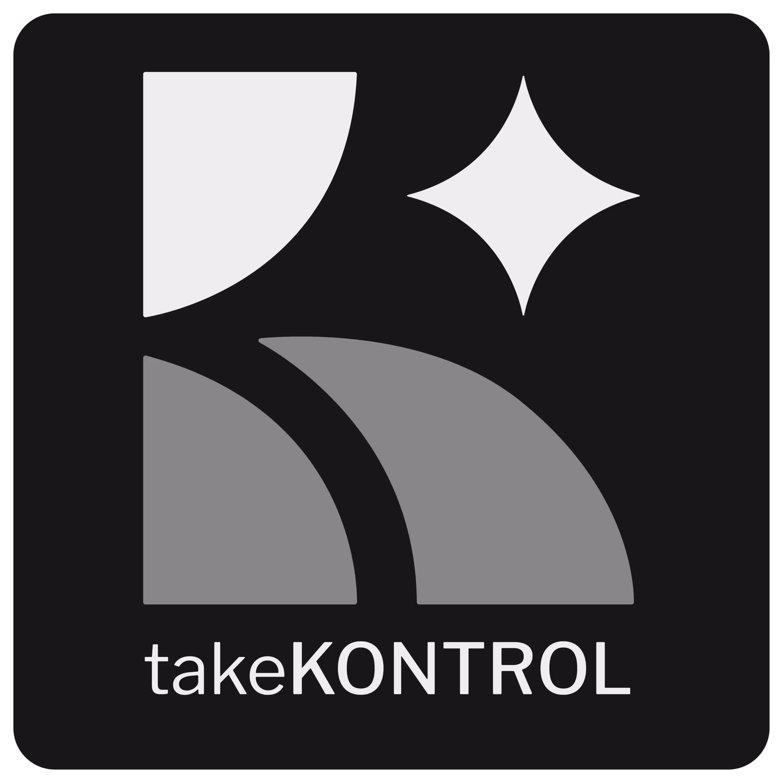 Logo with abstract geometric shapes and a star, with text ‘takeKONTROL’ below on a black background.