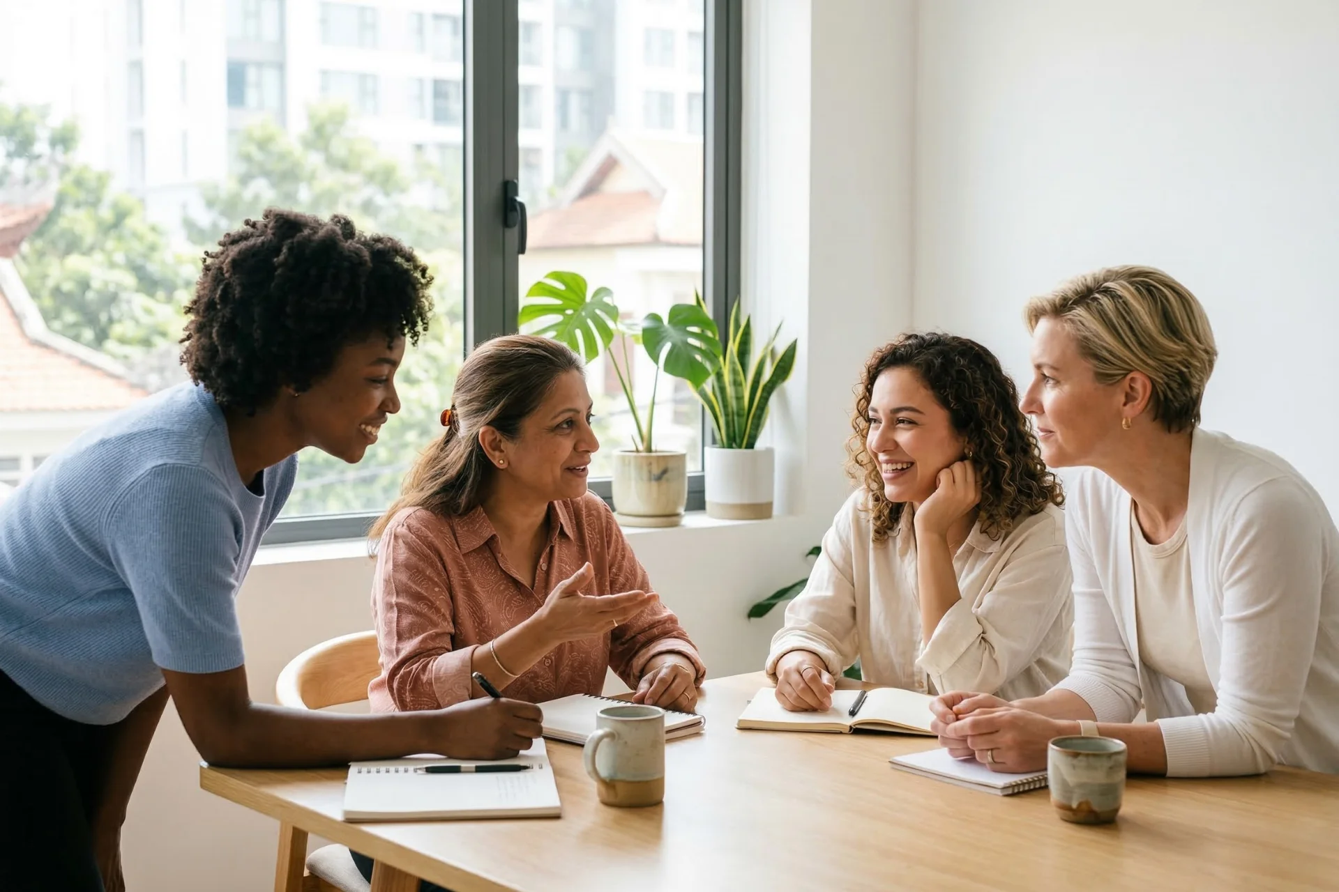 A diverse group of women engaged in a warm collaborative workshop session, representing the real-world impact Oceanito's AI and data solutions deliver for nonprofit organizations.