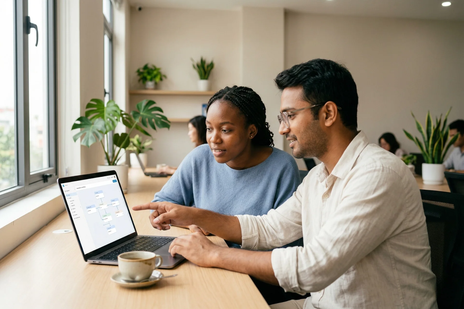 Two nonprofit professionals reviewing a custom automation workflow on a laptop screen, representing Oceanito's custom automation and integrations service for connecting nonprofit tools and systems.