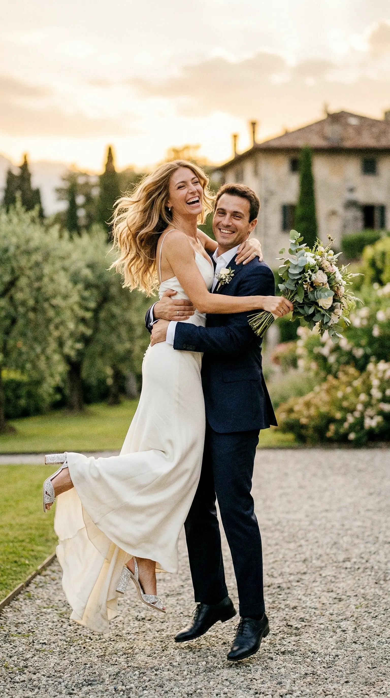 Coppia di sposi, lei salta mentre lui la sorregge