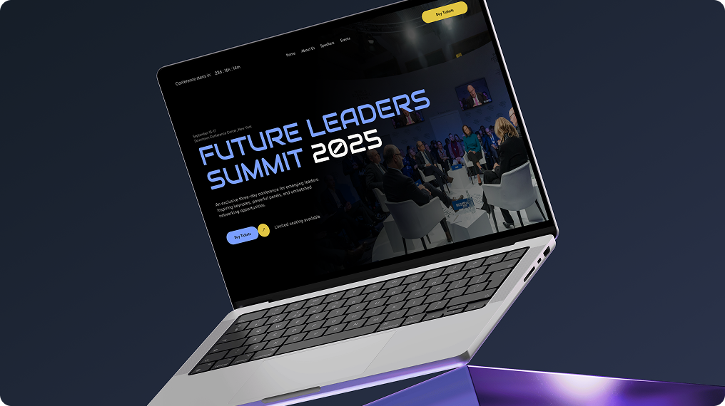 Laptop displaying a website for Future Leaders Summit 2025 with conference details and a panel discussion image.