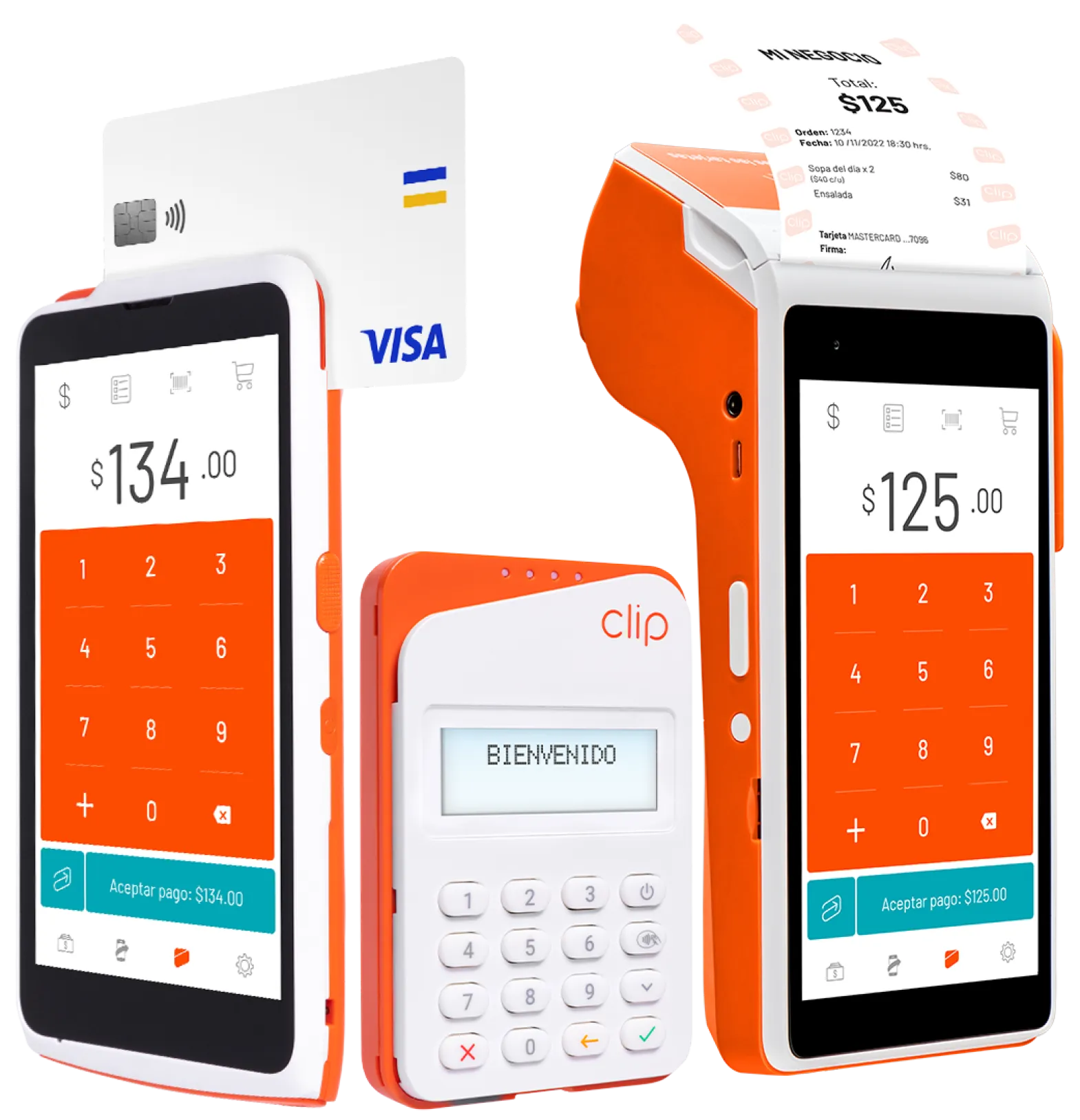 De izquierda a derecha, las terminales punto de venta Clip Pro 2, Clip Plus 2 y Clip Total aceptando diversos pagos