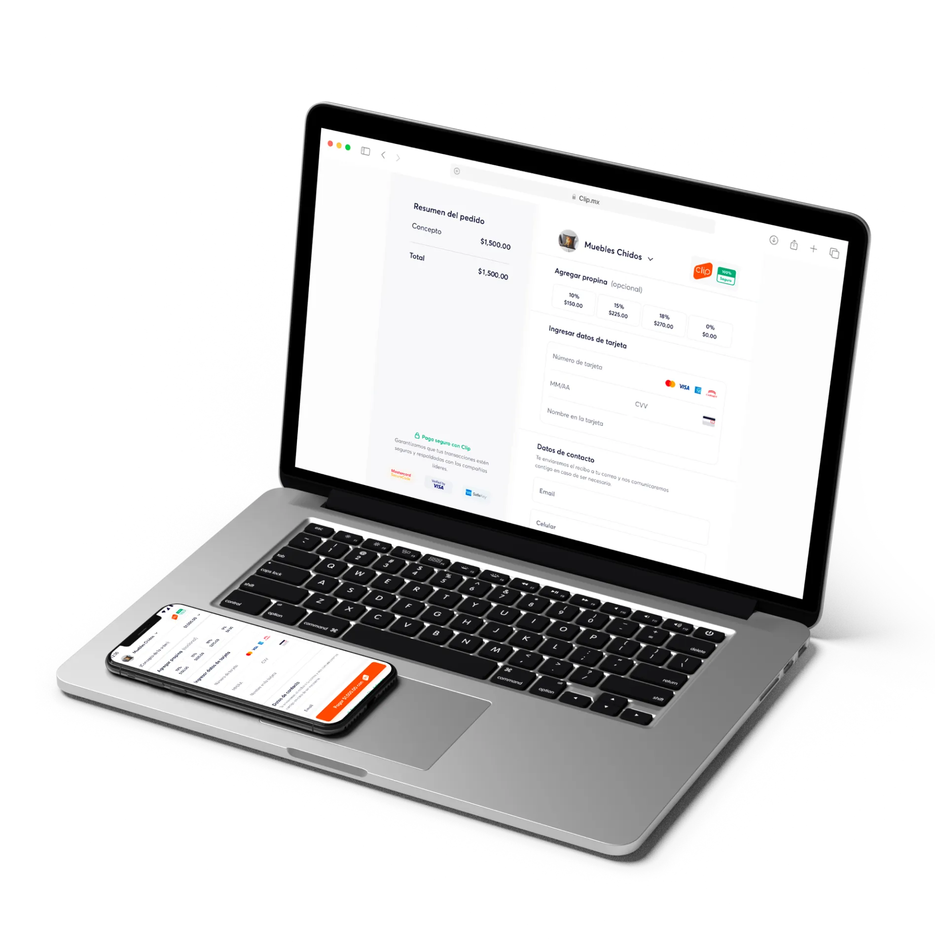 Laptop y smartphone con el proceso de pago en una tienda en línea