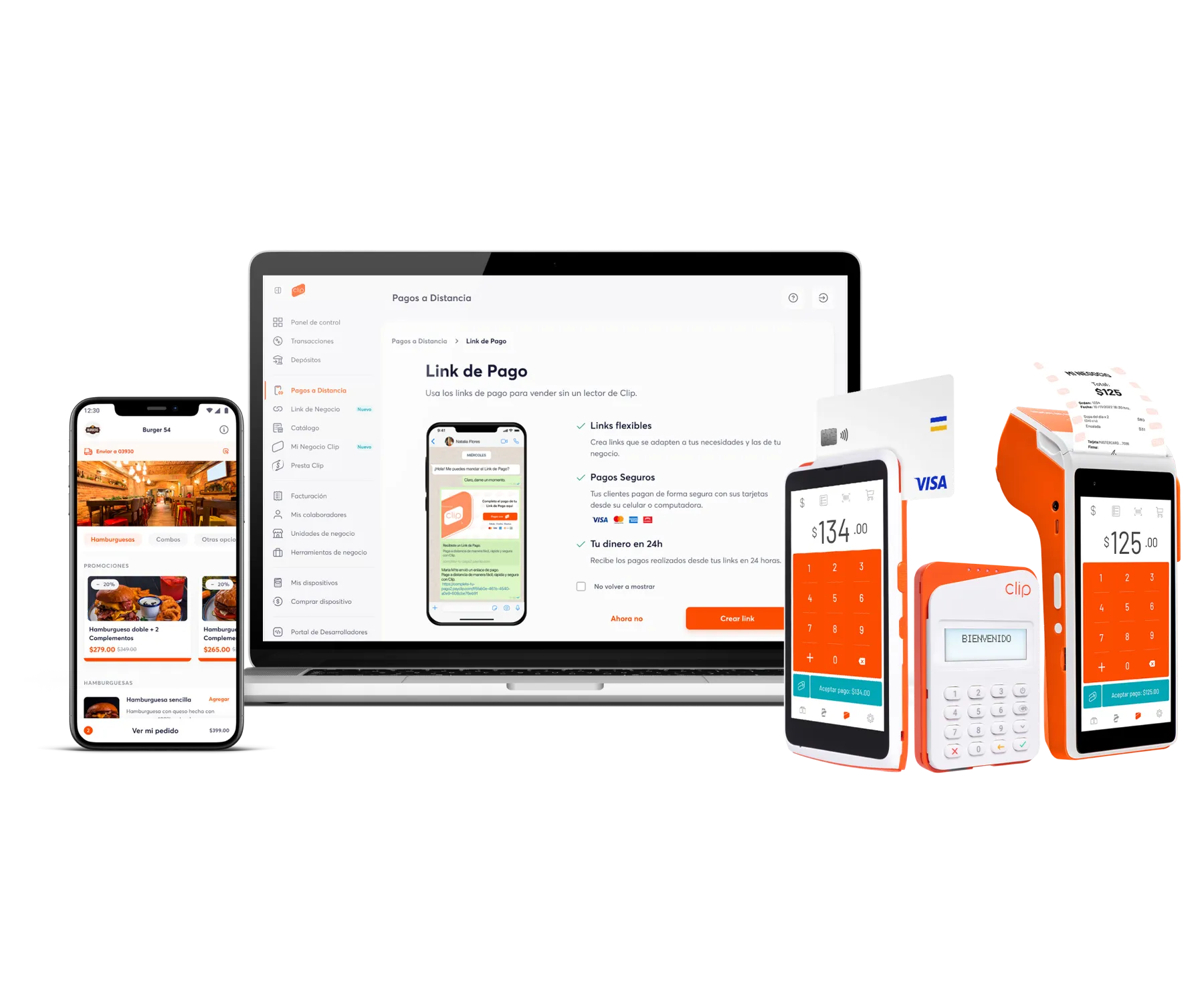 De izquierda a derecha, un smartphone, una laptop creando un Link de Pago, un Clip Pro 2, un Clip Mini y un Clip Total