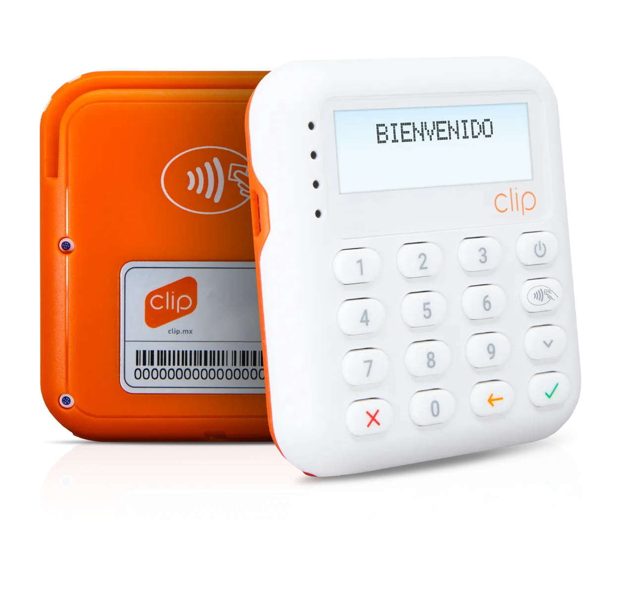 Clip Mini visto de frente y desde atrás, mostrando su lector de tarjetas para pagos sin contacto