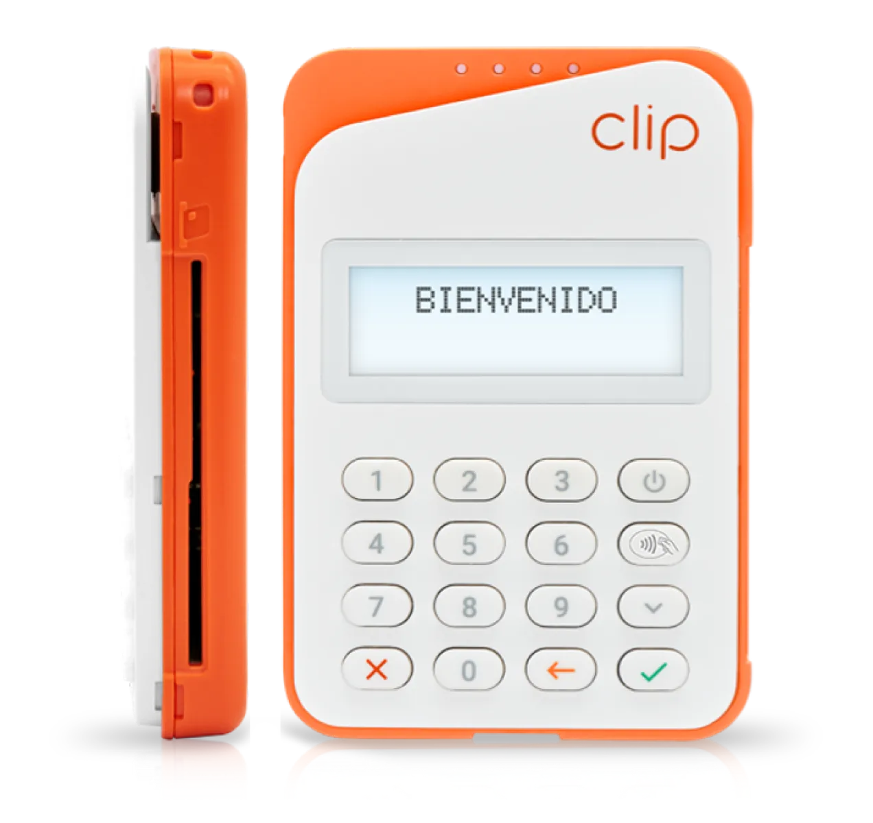 Clip Plus 2 visto de forma frontal con su teclado y pantalla y de forma lateral con su ranura para insertar tarjetas