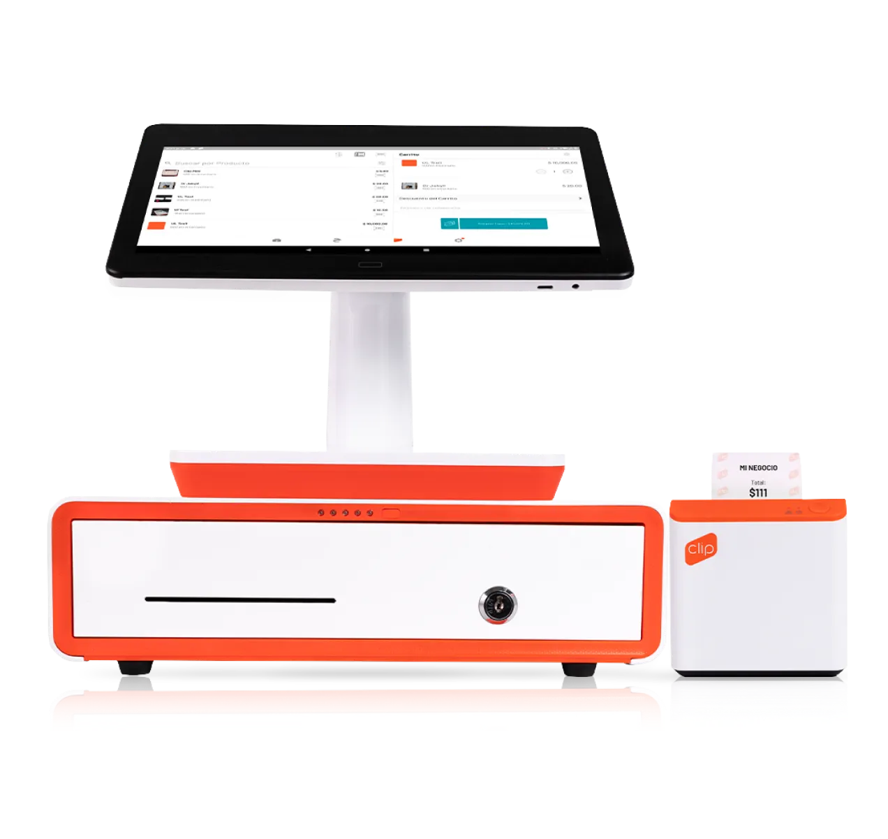 Kit Punto de Venta, conformado por la TPV Clip Stand, la caja registradora Clip Box y la impresora térmica Clip Printer