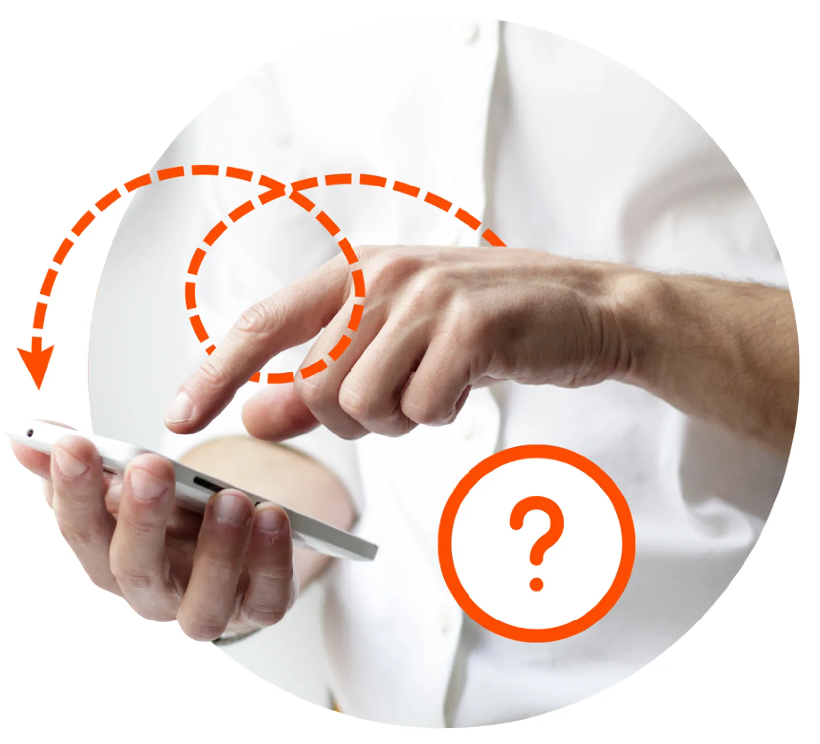 Una persona utilizando su smartphone con una flecha apuntando al celular y un signo de interrogación abajo a la derecha