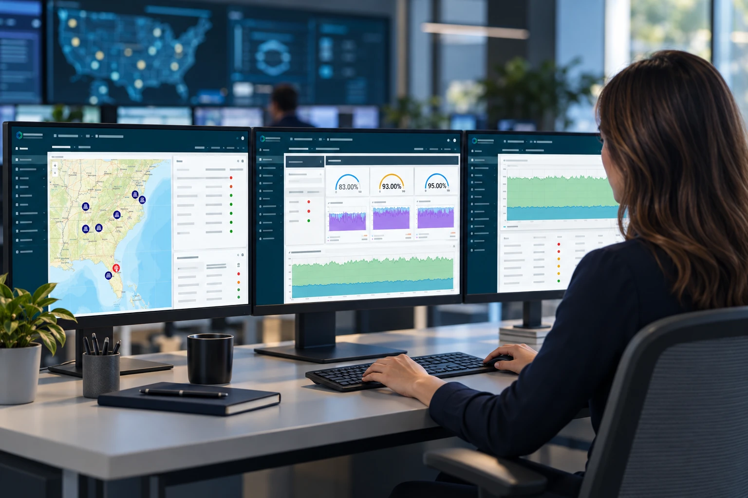 Illustrative woman operator reviewing OmniCoreOne-style asset maps and operational dashboards across three monitors