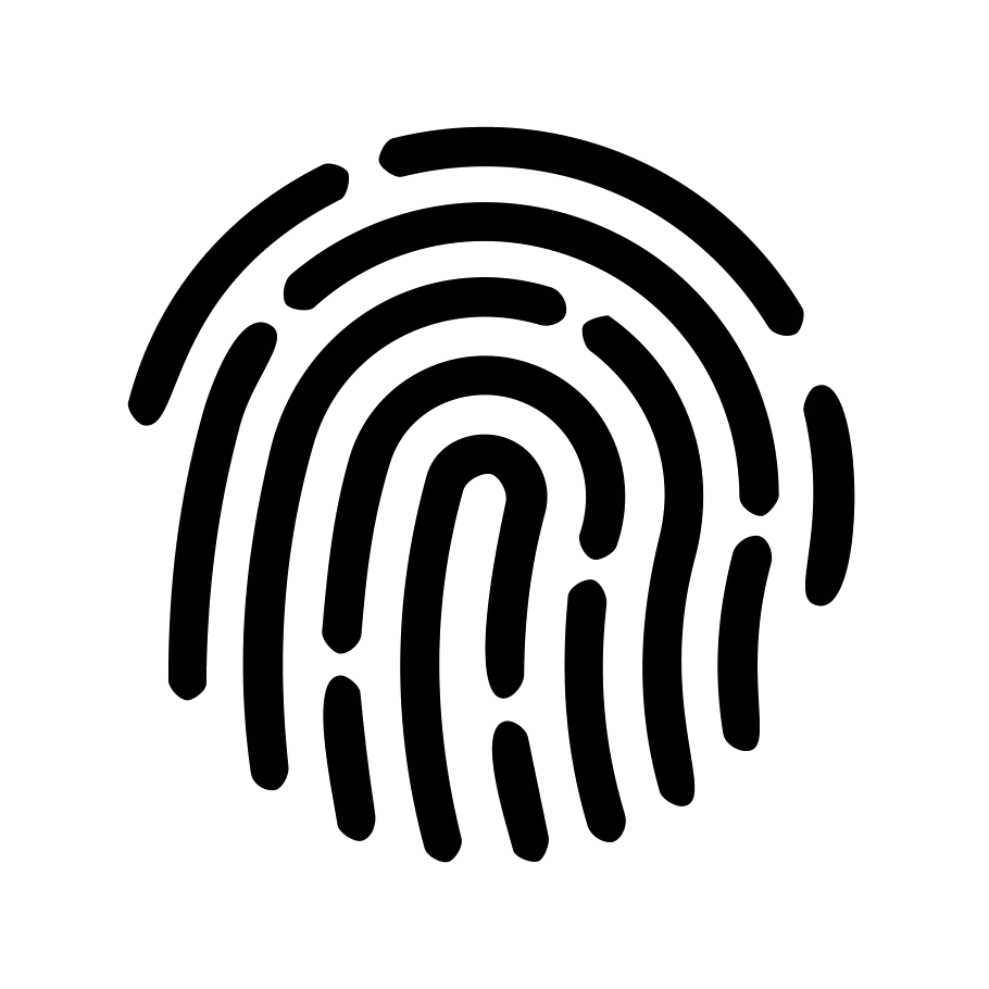 Schwarzer stilisierter Fingerabdruck auf weißem Hintergrund.