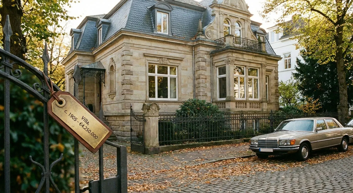 Eine historische Villa aus Stein mit großem Dach und vielen Fenstern, davor ein geparktes klassisches Auto auf gepflasterter Straße im Herbst, links ein Tor mit Preisschild.