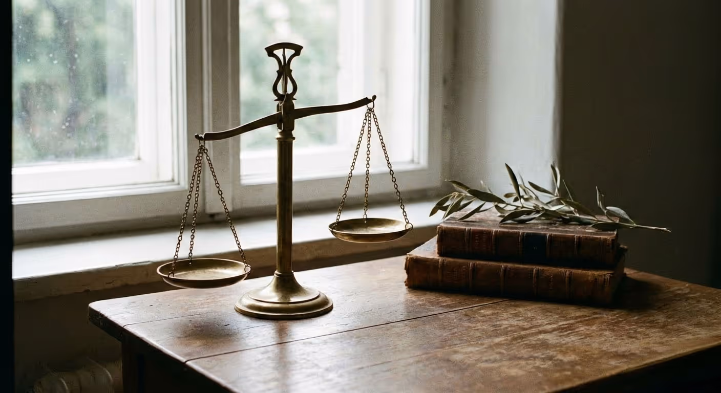 Antike Messingwaage auf einem Holztisch neben zwei alten Büchern und einem Olivenzweig vor einem Fenster.