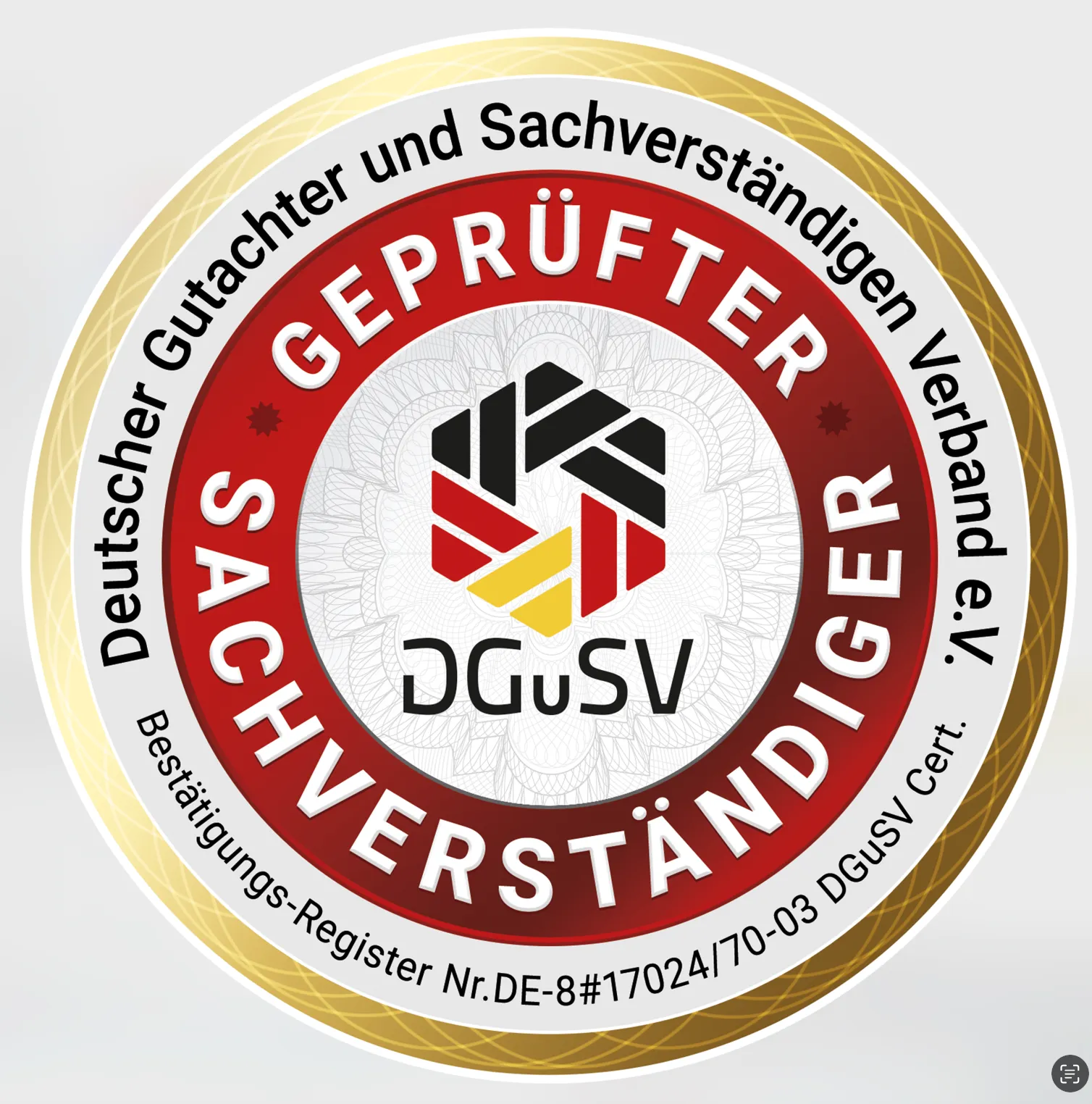 Siegel des Deutschen Gutachter und Sachverständigen Verbandes e.V. mit der Aufschrift 'Geprüfter Sachverständiger' und dem DGUSV-Logo in den Farben Schwarz, Rot, Gelb.