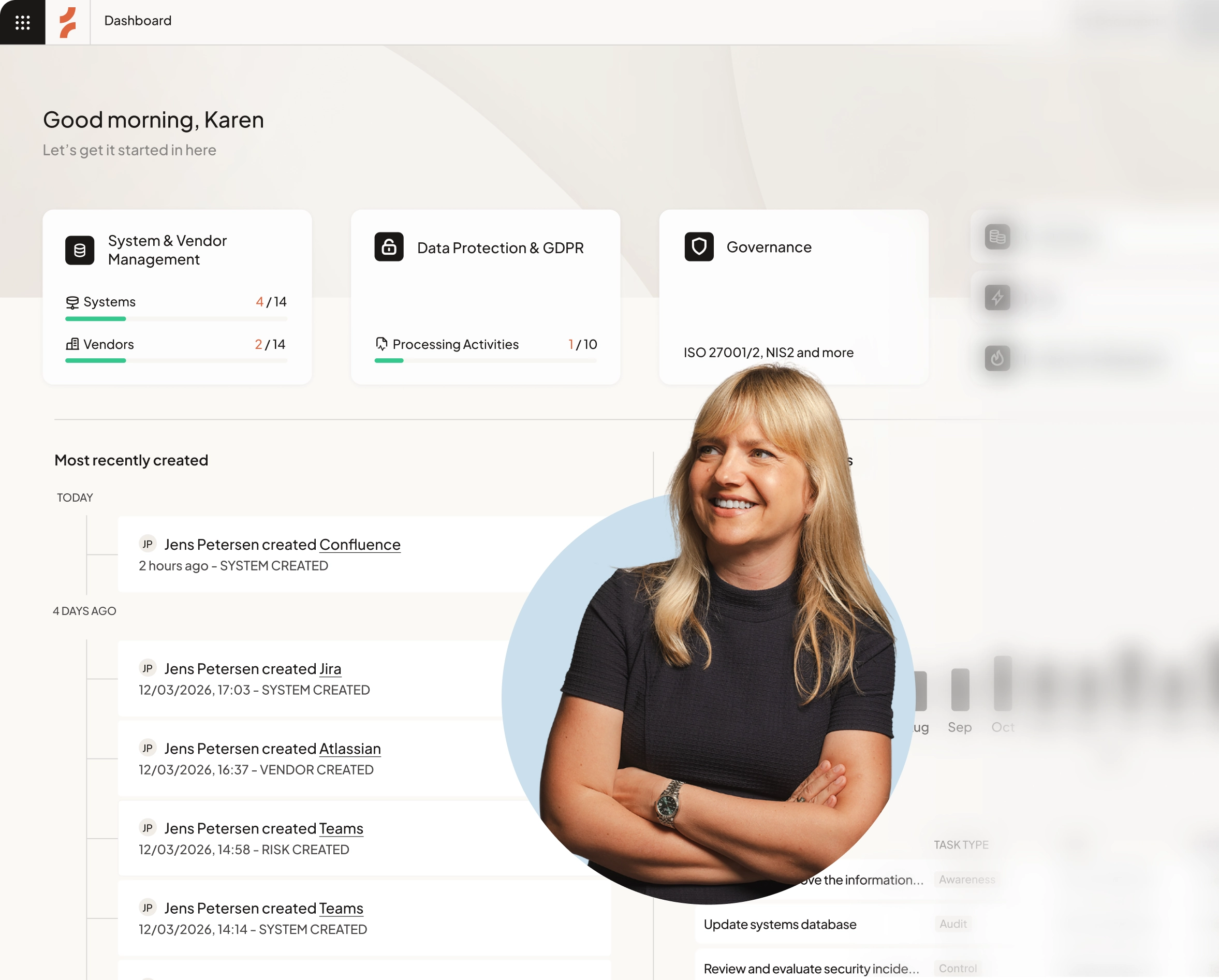 Dashboard interface showing system and vendor management, data protection, and governance sections with a woman smiling in a black shirt in front.