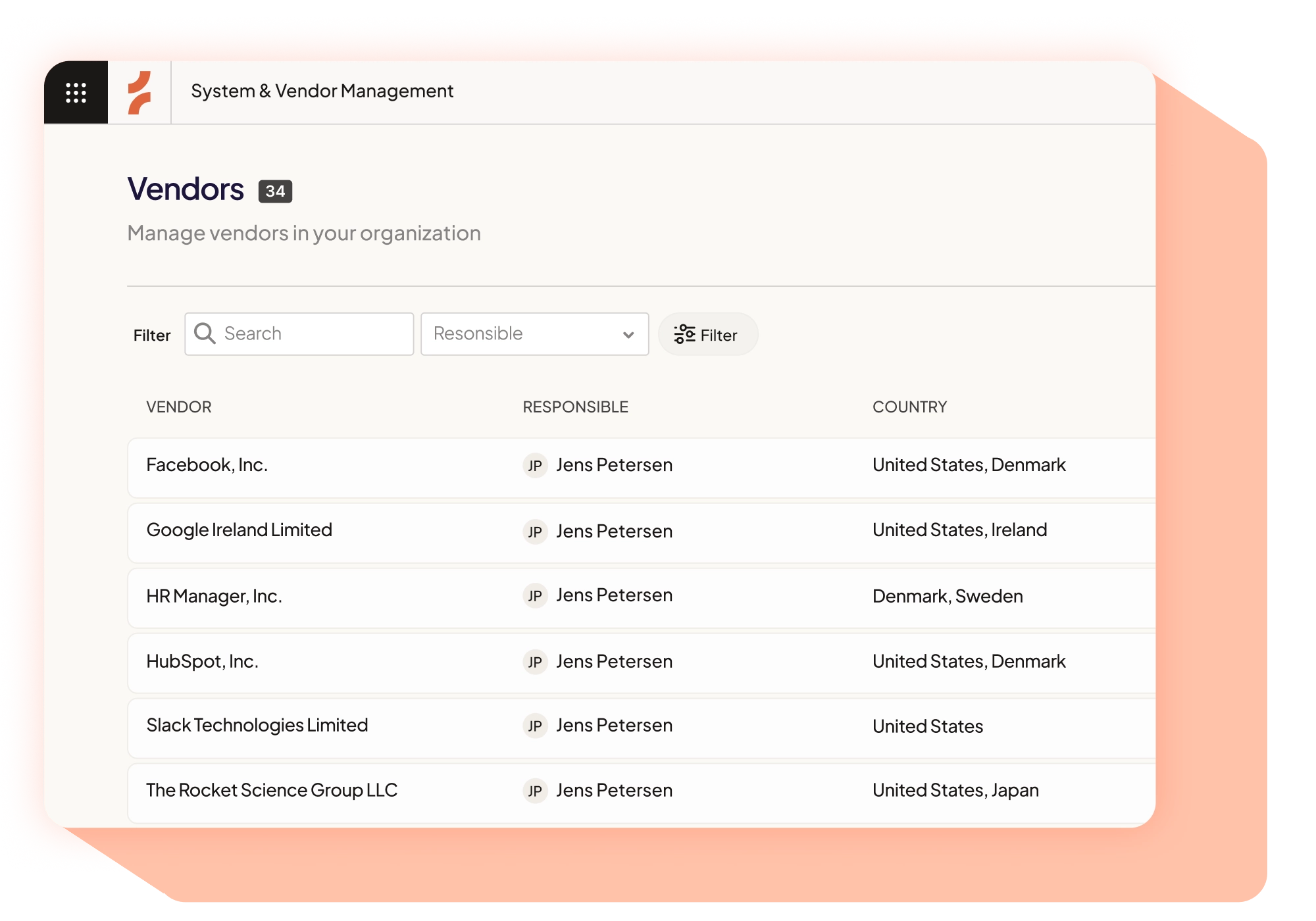 System and vendor management dashboard listing six vendors with Jens Petersen as responsible person and their countries.