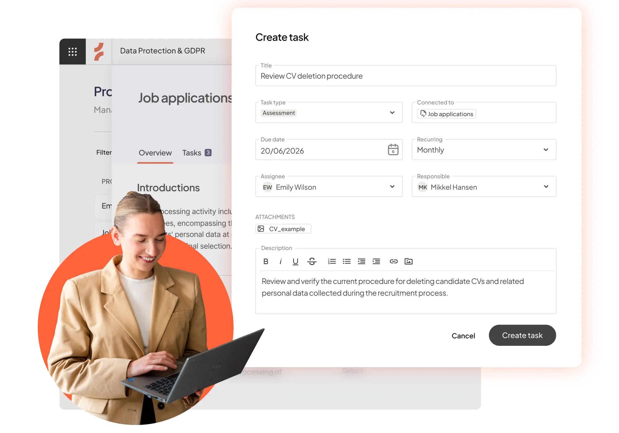 Cerivo Data Protection & GDPR software — task creation for managing job application data compliance.