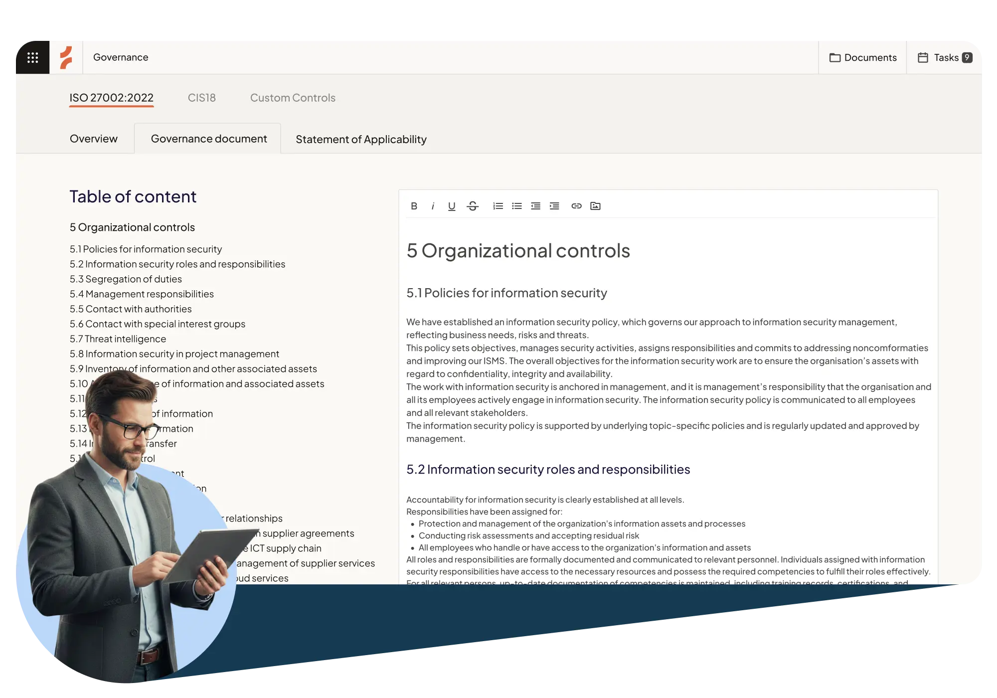 Cerivo ISMS governance document editor showing ISO 27002:2022 organizational controls including information security policies, roles and responsibilities — built for audit readiness.