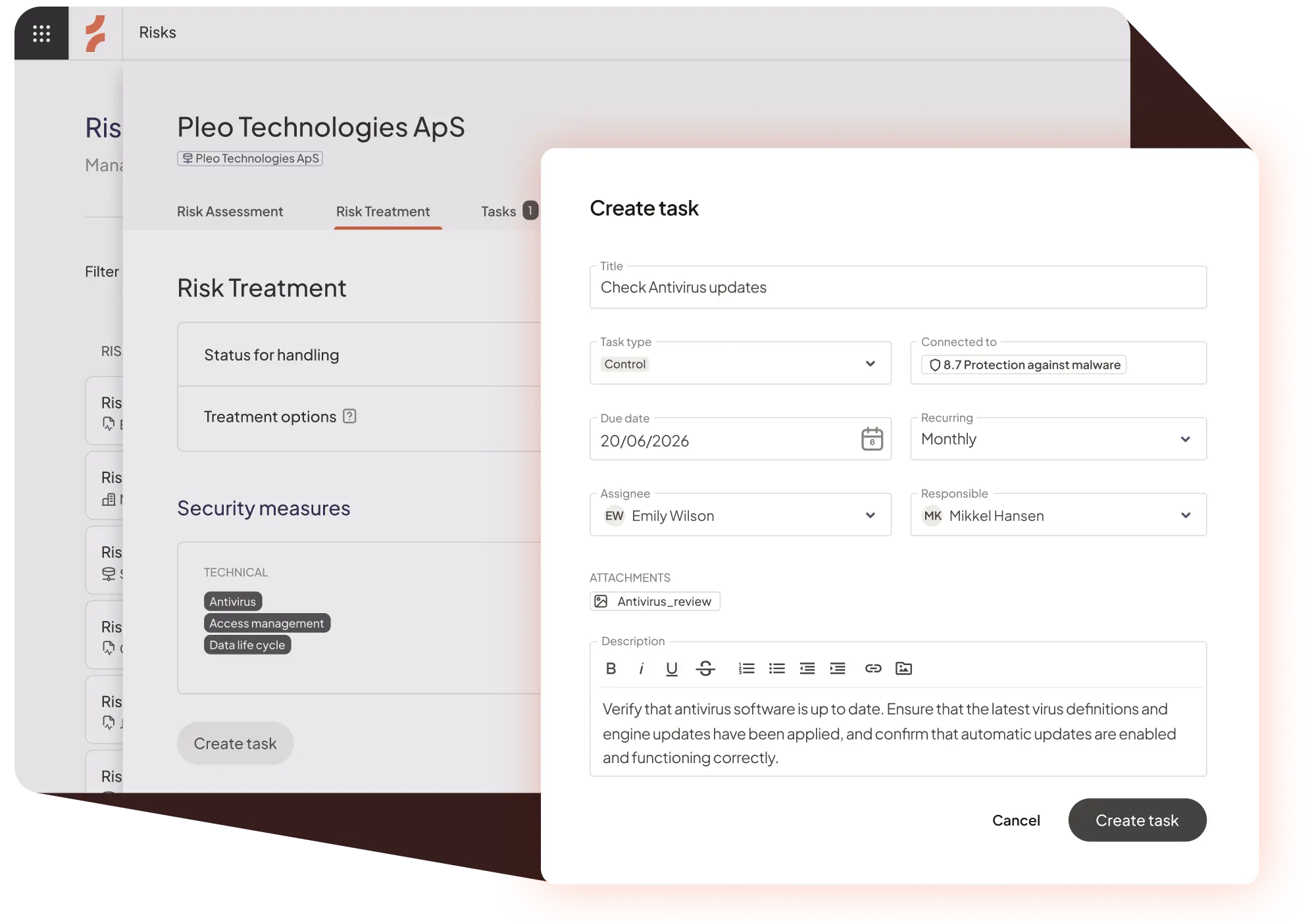 Cerivo ISO 27001 risk treatment — creating a recurring monthly control task for antivirus updates connected to ISO 27001 control 8.7 protection against malware.