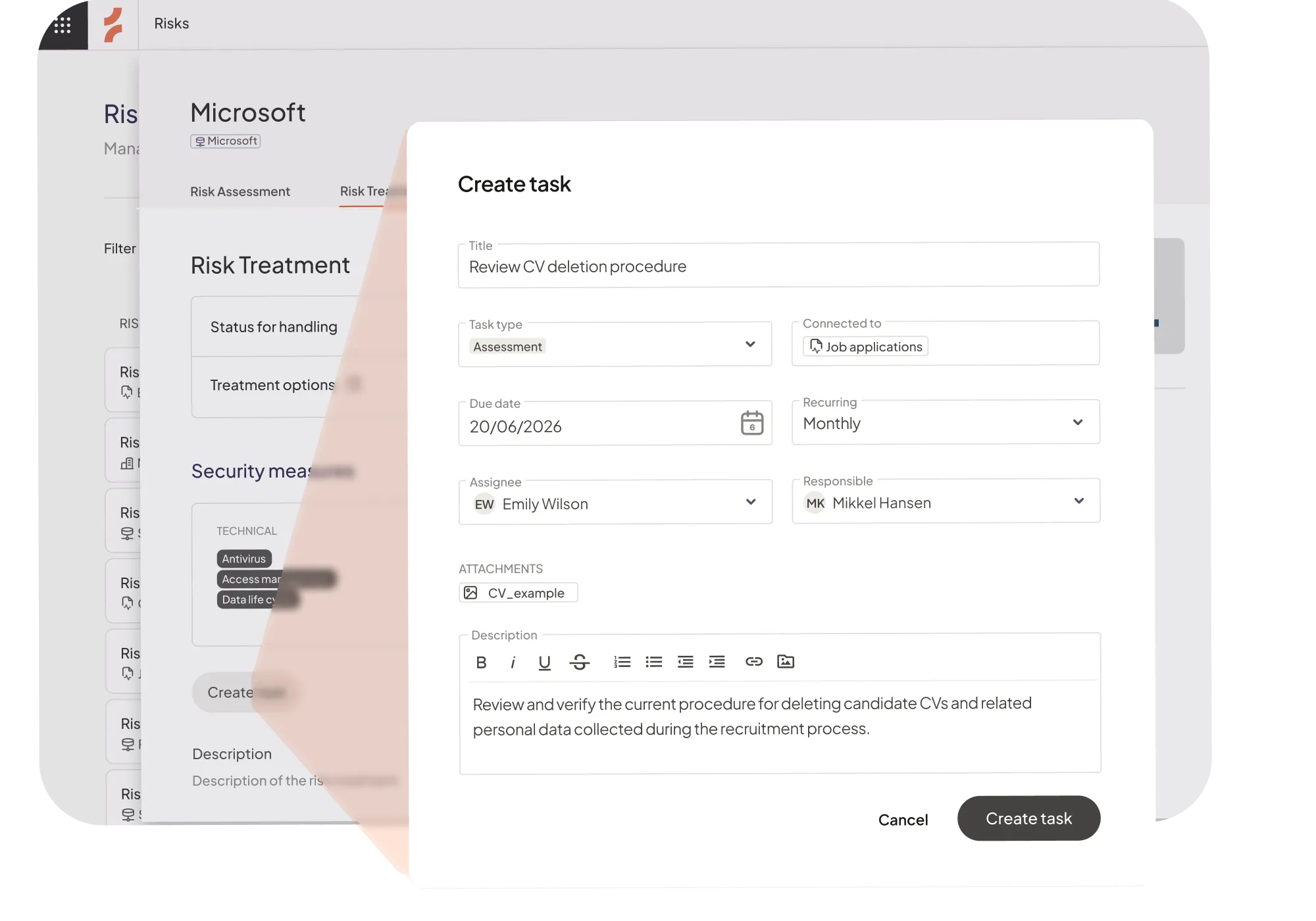 Task creation window for reviewing CV deletion procedure with assignee, due date, and description fields.
