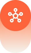 White network nodes connected by lines inside an orange circle with a gradient background.