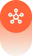 White network nodes connected by lines inside an orange circle with a gradient background.