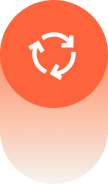 White circular arrows in a loop on an orange circular background symbolizing refresh or recycling.