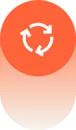 White circular arrows in a loop on an orange circular background symbolizing refresh or recycling.