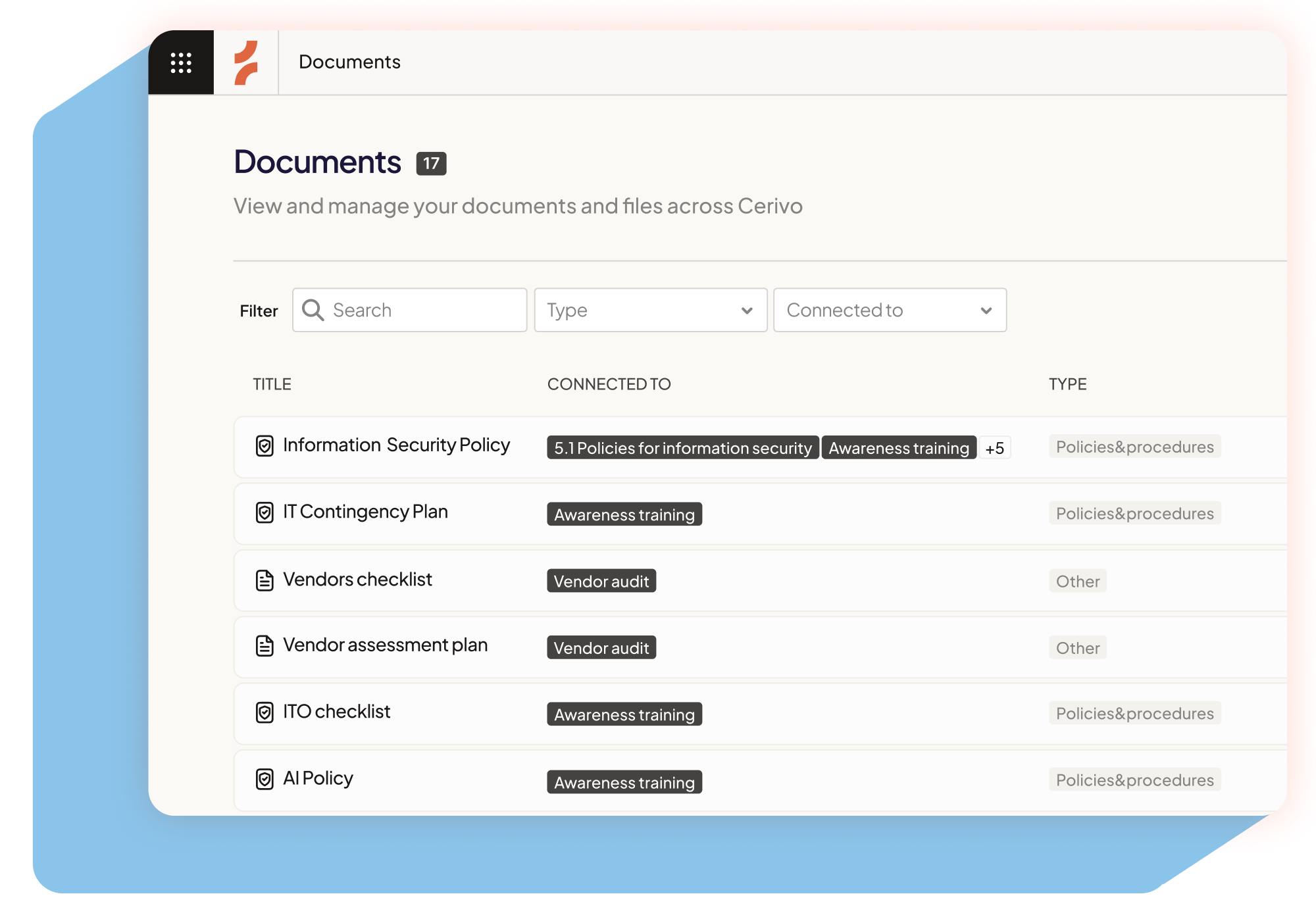 Documents dashboard showing titles, connections, and types of policies and audit files with filters and search bar.