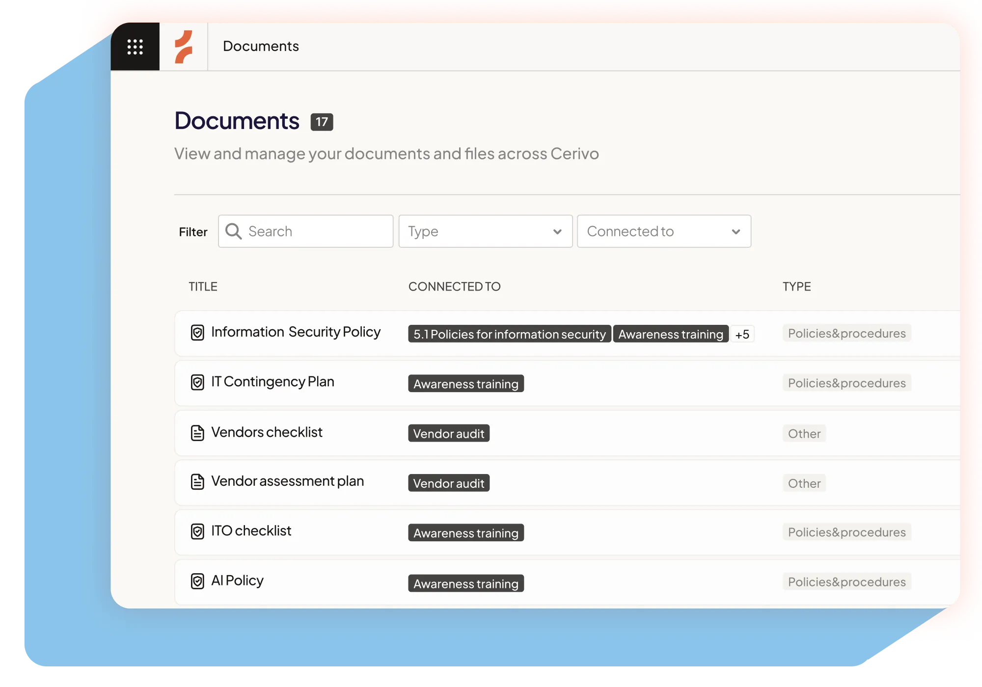 Documents dashboard showing titles, connections, and types of policies and audit files with filters and search bar.