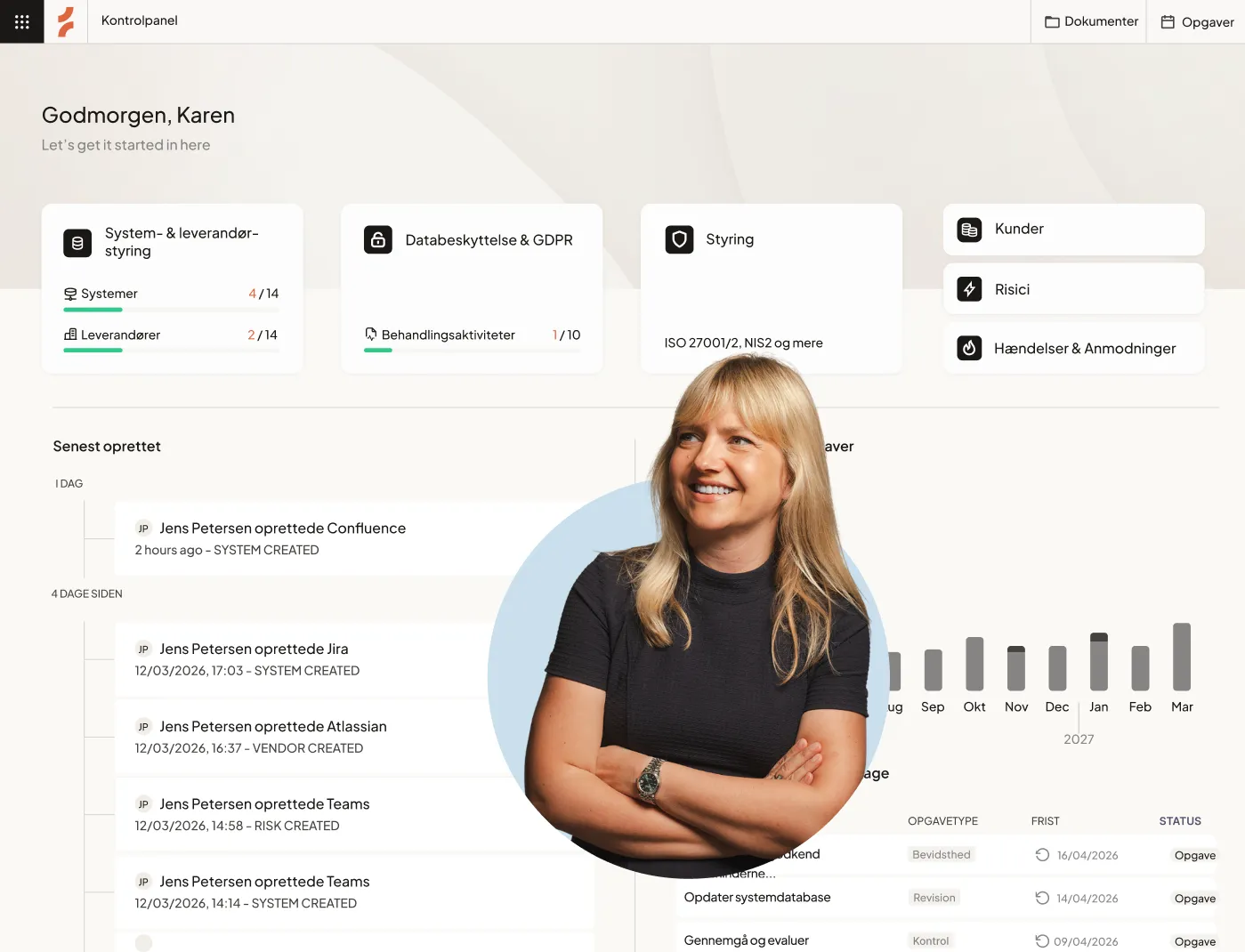Dashboard interface showing system and vendor management, data protection, and governance sections with a woman smiling in a black shirt in front.