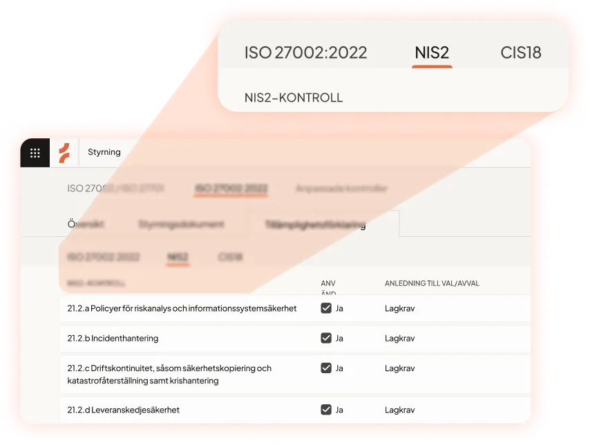 Table showing NIS2 control items with checkboxes marked Yes for policies on risk analysis, incident handling, business continuity, and supply chain security.