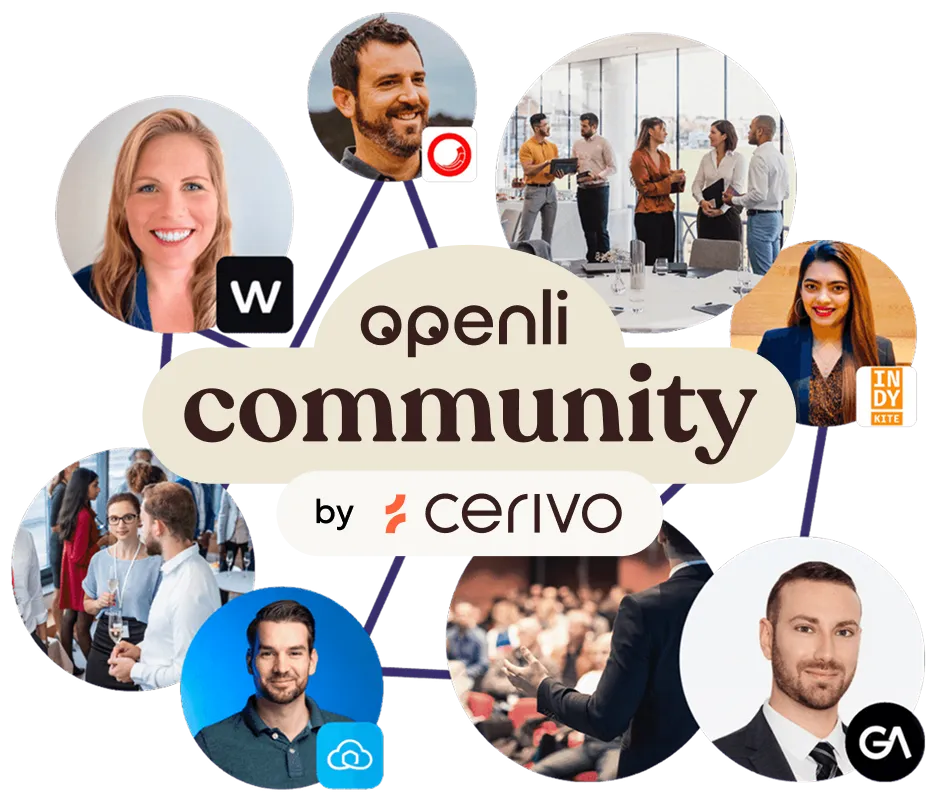 Collage of diverse professionals connected around the text 'openli community by cerivo,' featuring people in business and casual attire, a group meeting, and a speaker addressing an audience, with company logos including W, Indykite, and GA.