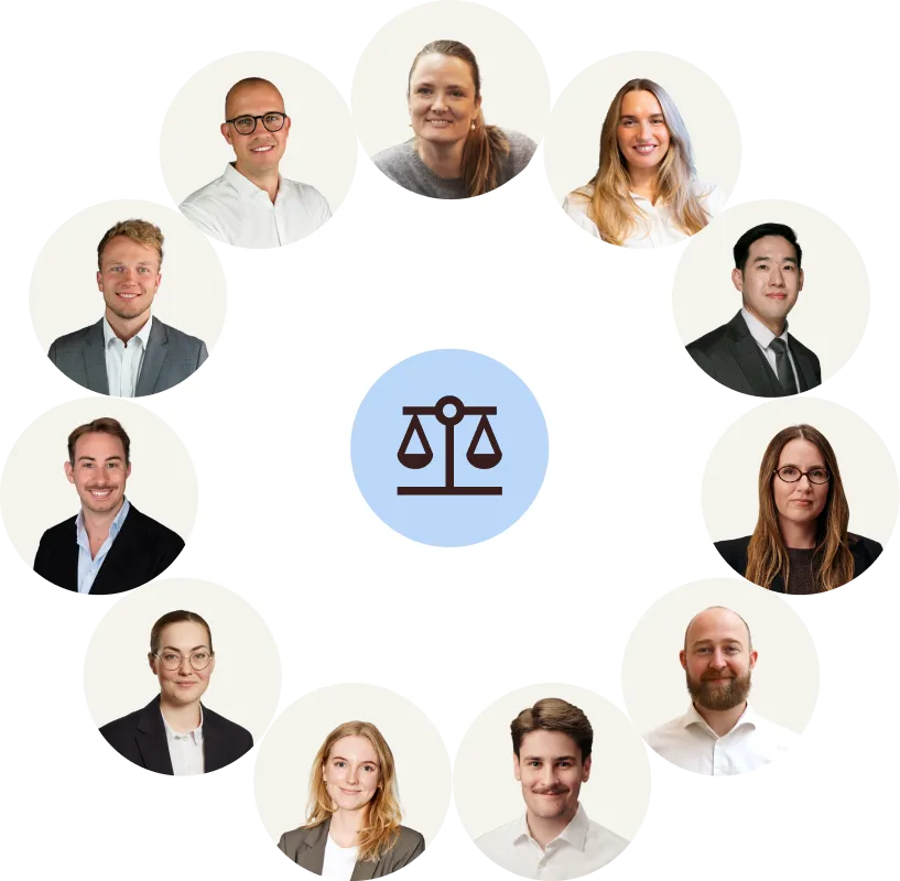 Portraits of ten diverse professionals arranged in a circular pattern around a blue circle with a dark brown balance scale symbol in the center.