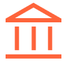 Icon of a classical bank building with three columns and a triangular pediment in orange color.
