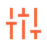 Icon of five orange vertical sliders of varying heights on a white square background, representing adjustment or mixing controls.