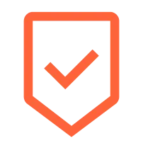 Orange shield outline with an orange check mark inside, symbolizing security or approval.