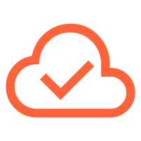 Orange cloud outline with a checkmark inside, symbolizing cloud completion or successful cloud connection.