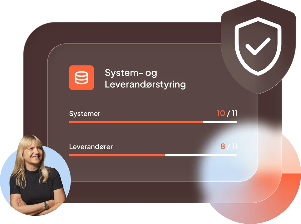 A graphical interface labeled 'System- og Leverandørstyring' displaying progress bars for 'Systemer' and 'Leverandører' with values 10/11 and 8/11 respectively, a shield icon with a checkmark, and a smiling woman with crossed arms in a circular frame at the bottom left.