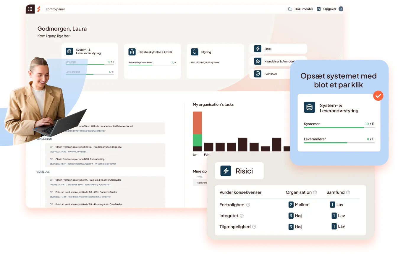 Dashboard interface showing system and supplier management, data protection and GDPR, governance, and risk management modules, with task updates, organizational task bar chart, and risk assessment ratings for confidentiality, integrity, and availability. A woman in a beige blazer is using a laptop on the left. A highlighted panel reads 'Configure the system with just a few clicks' with progress bars for system and suppliers.
